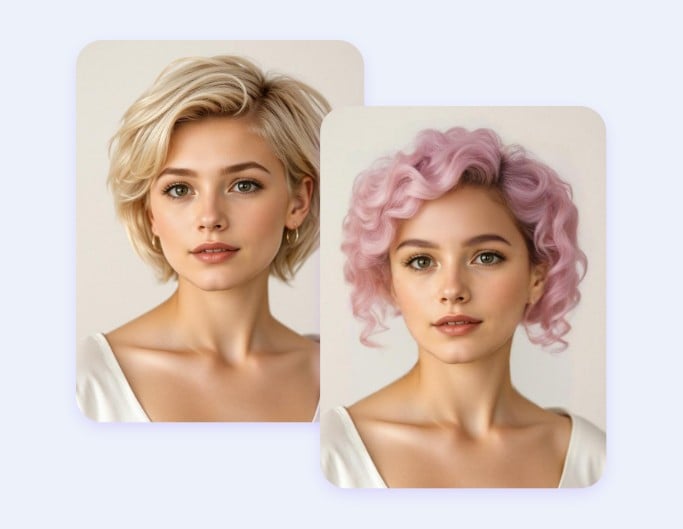 Fotor Haarstil-Veränderungseffekt: Beispiel – Die Frisur einer Frau wird in rosa lockigen Stil geänder