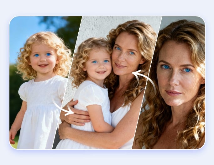 Efecto del combinador de imágenes con IA de Fotor mostrando a una persona abrazando a su yo más jovener self