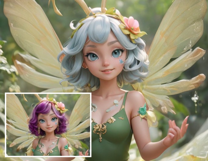 Fotor AI replacer effect converting an elf in purple hair to grey white hair