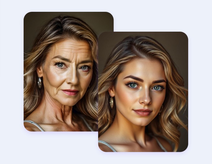 Fotor KI-Verjüngungs-Filter: Beispiel – eine schöne Frau mit braunen Haaren wirkt jünger