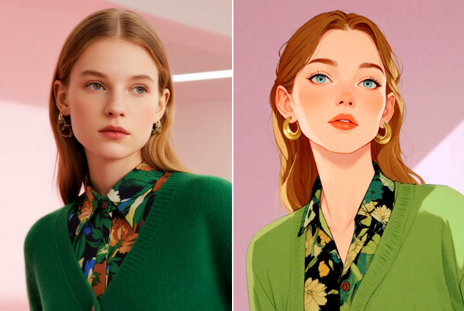 fotor ai 濾鏡將長髮綠衣女孩轉換成動漫風格