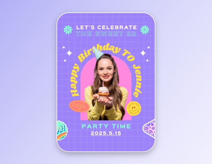 Fotor purple birthday poster template about a theme of a lady holding a small birthday cake and wearing a birthday hat