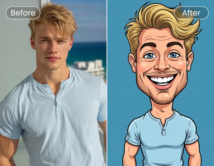 Image avant après de transformation en style caricature à partir dune photo dun homme portant un T shirt bleu