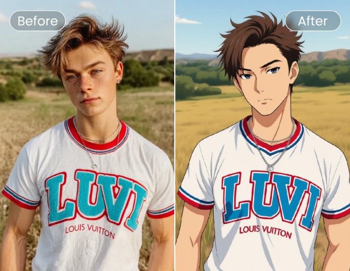Image avant après de transformation en style manga à partir dune photo dun garçon portant un T shirt
