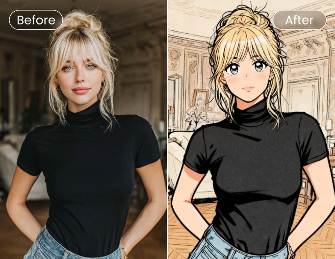 Image avant après de transformation en style manga à partir dune photo dune femme portant un haut noir