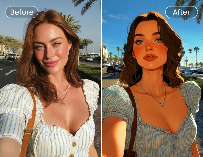 Image avant après de transformation en style manga à partir dune photo dune femme portant un haut à rayures bleu et blanc