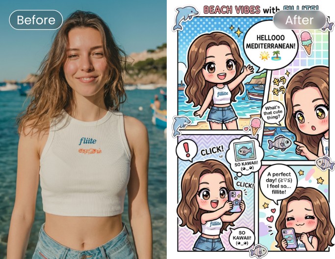 Image avant après de transformation en style manga à partir dune photo dune femme près de la mer
