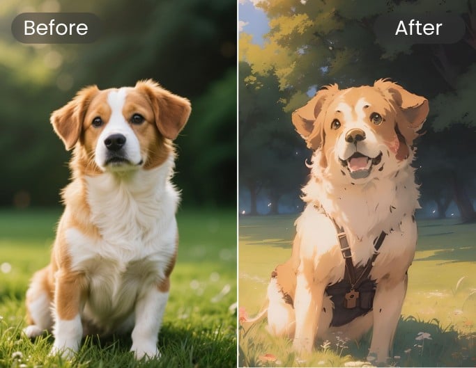 Ein Foto eines Hundes in japanischen Anime-Sil konvertieren