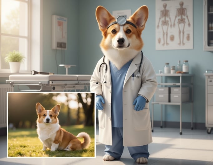 Make the dog a doctor wearing a white lab coat and stethoscope standing in a modern hospital room