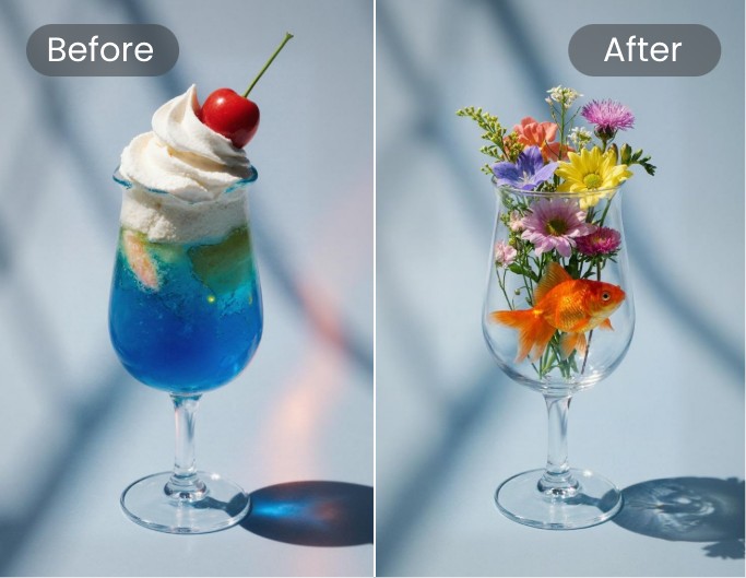 Replace the drink in the glass with a colorful bouquet of flowers