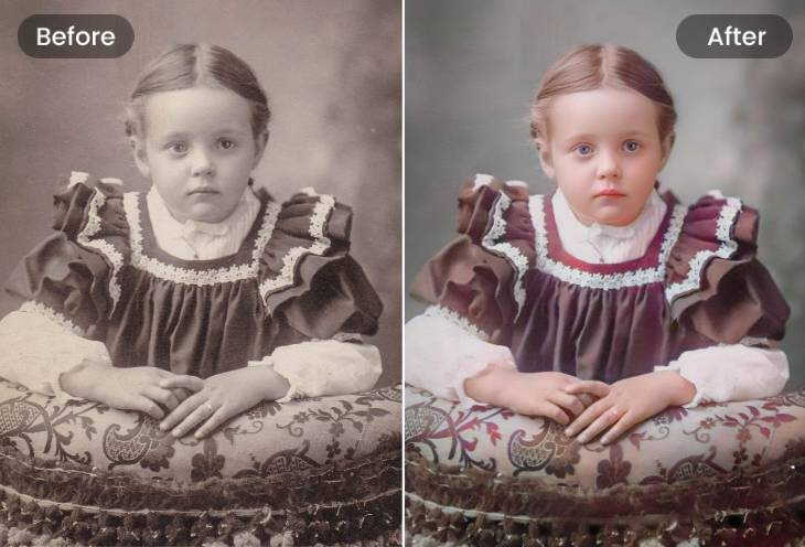 Restore an aged sepia toned photograph of a young girl with faded colors adding more vibrancy