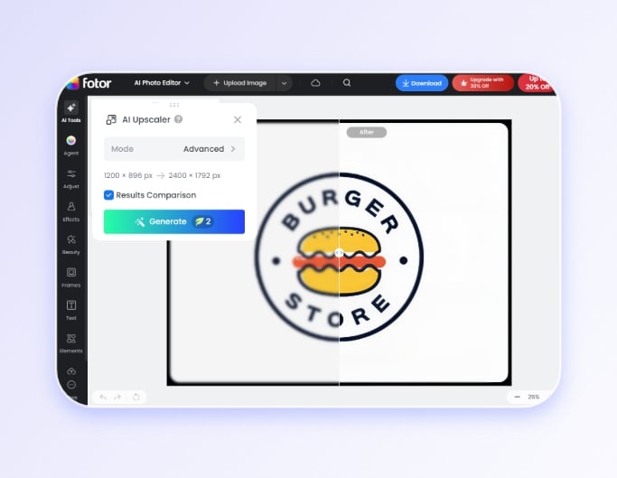 Screenshot showing how to use Fotor AI to enhance a logo image
