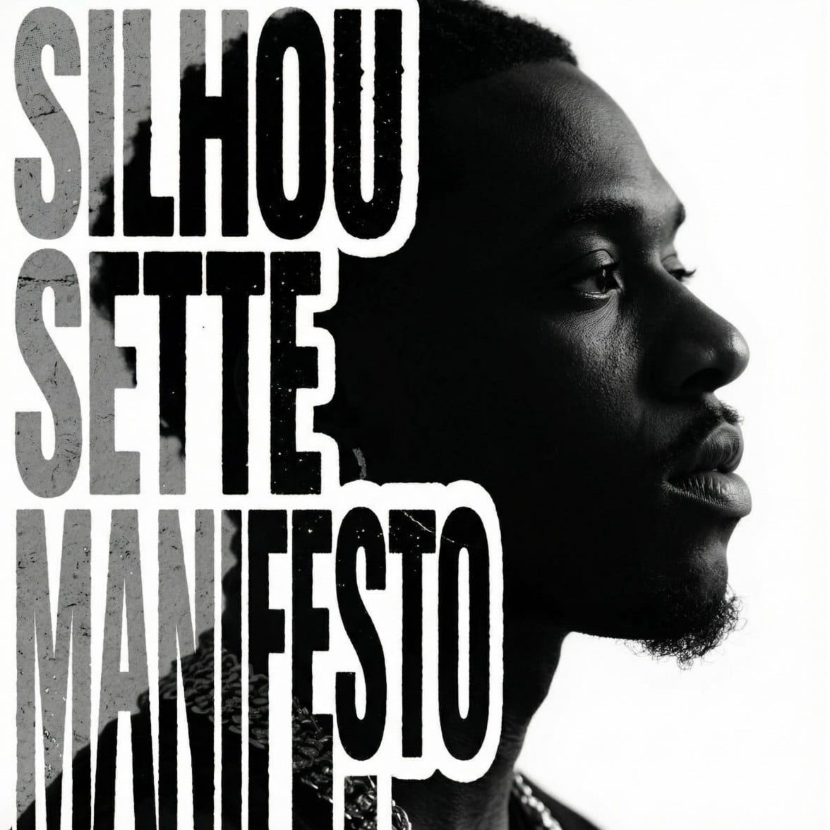 Stark realistic hip hip close up of a black rapper with his face dramatically half lit against a pure white void