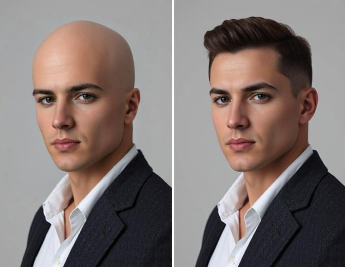 The hair growth advertisement shows photos of a bald man wearing a black suit and white shirt and a man with hair