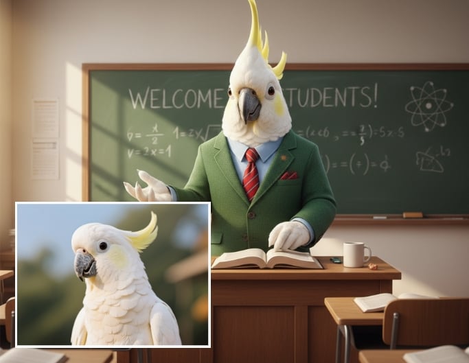 Transform the bird into a teacher standing in front of a chalkboard in a cozy classroom