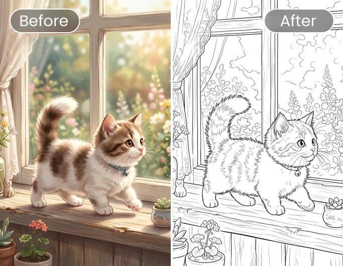 Ein niedliches Katze-Ausmalbild mit Fotor aus dem Foto erstellen