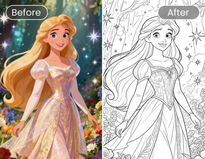 Ein Prinzessin-Ausmalbild mit Fotor aus dem Foto erstellen