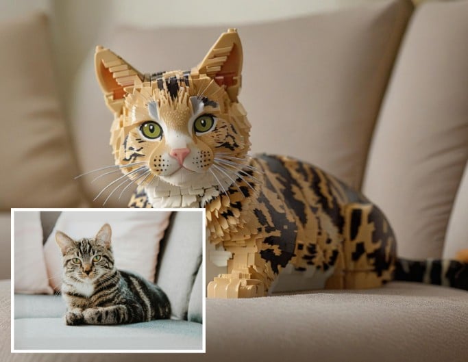 Turn a image of a lihua cat lying on the sofa into lego cartoon filter