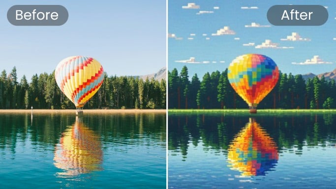 Verwandeln Sie ein Bild eines Heißluftballons auf dem Wasser in Pixel-Art