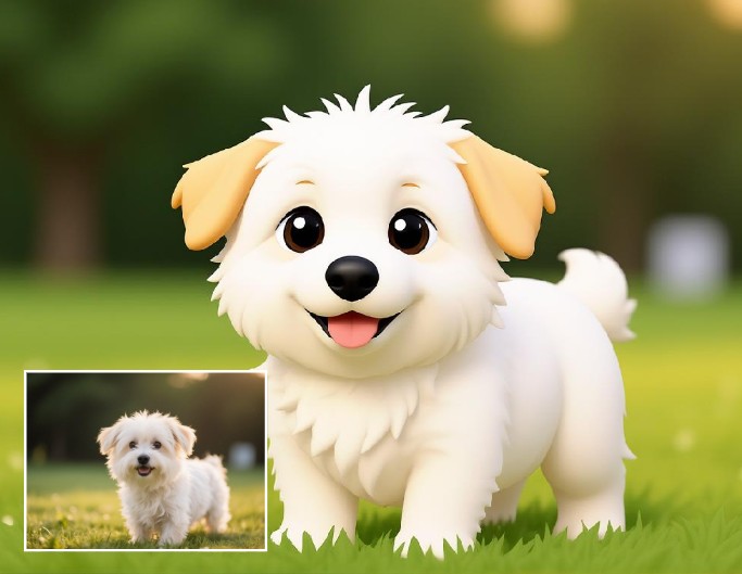Turn a picture of a white dog standing on the grassland into an emoji