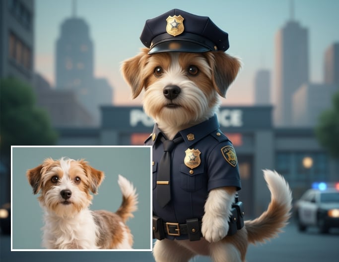Turn the dog into a police officer wearing a navy uniform and cap