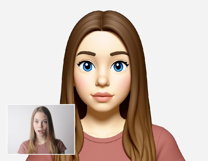 Turn the portrait image of a girl wearing a pink top and brown hair into an emoji