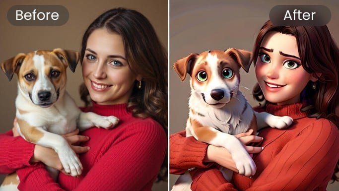 Verwandeln Sie Ihr Bild einer Frau im roten Pullover mit einem Hund in eine Cartoon-Zeichnung