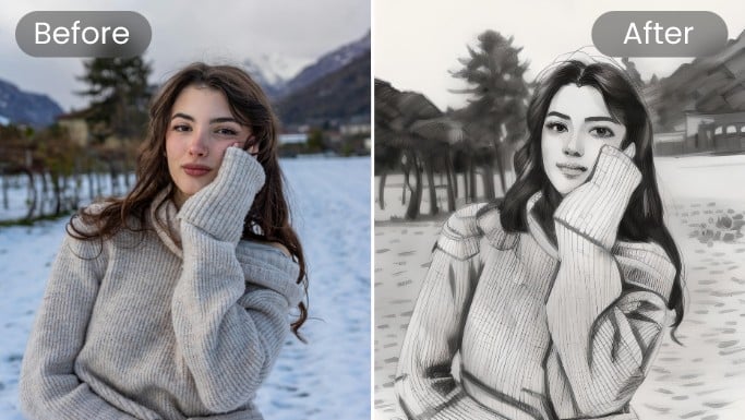 Ein Bild einer Frau in grauem Kleid im Schnee wird in eine Skizze umgewandelt