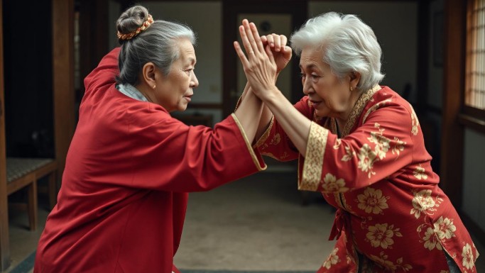 Two old woman use taichi to fight