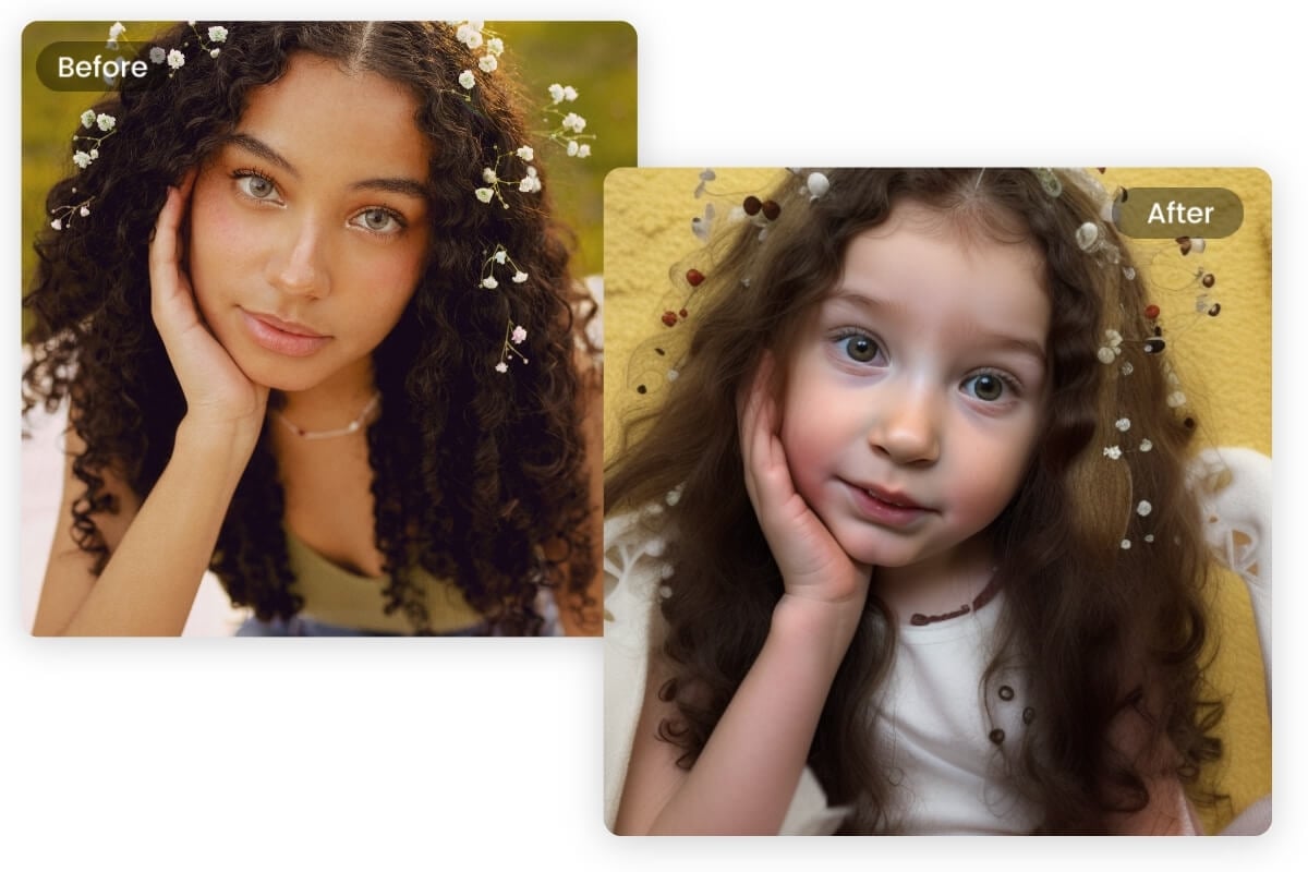 使用FOTORS AI嬰兒過濾器將一個捲曲的女孩變成一個可愛的小女孩和嬰兒臉