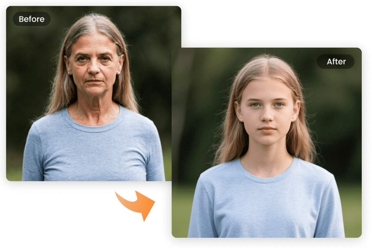 Use Fotors AI baby filter to turn a curly girl into a cute little girl with baby face