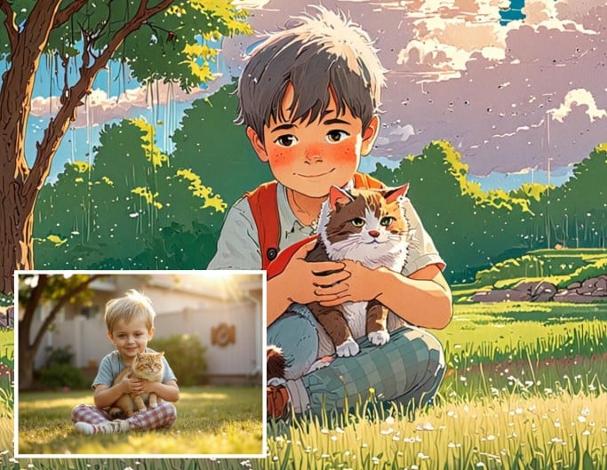 Use ghibli style to cartoon a photo of a boy hugging a cat and sitting on the grassland