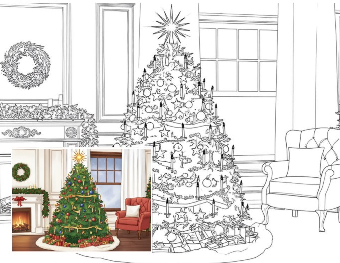 Weihnachtstannenbaum mit Sternen und Geschenken