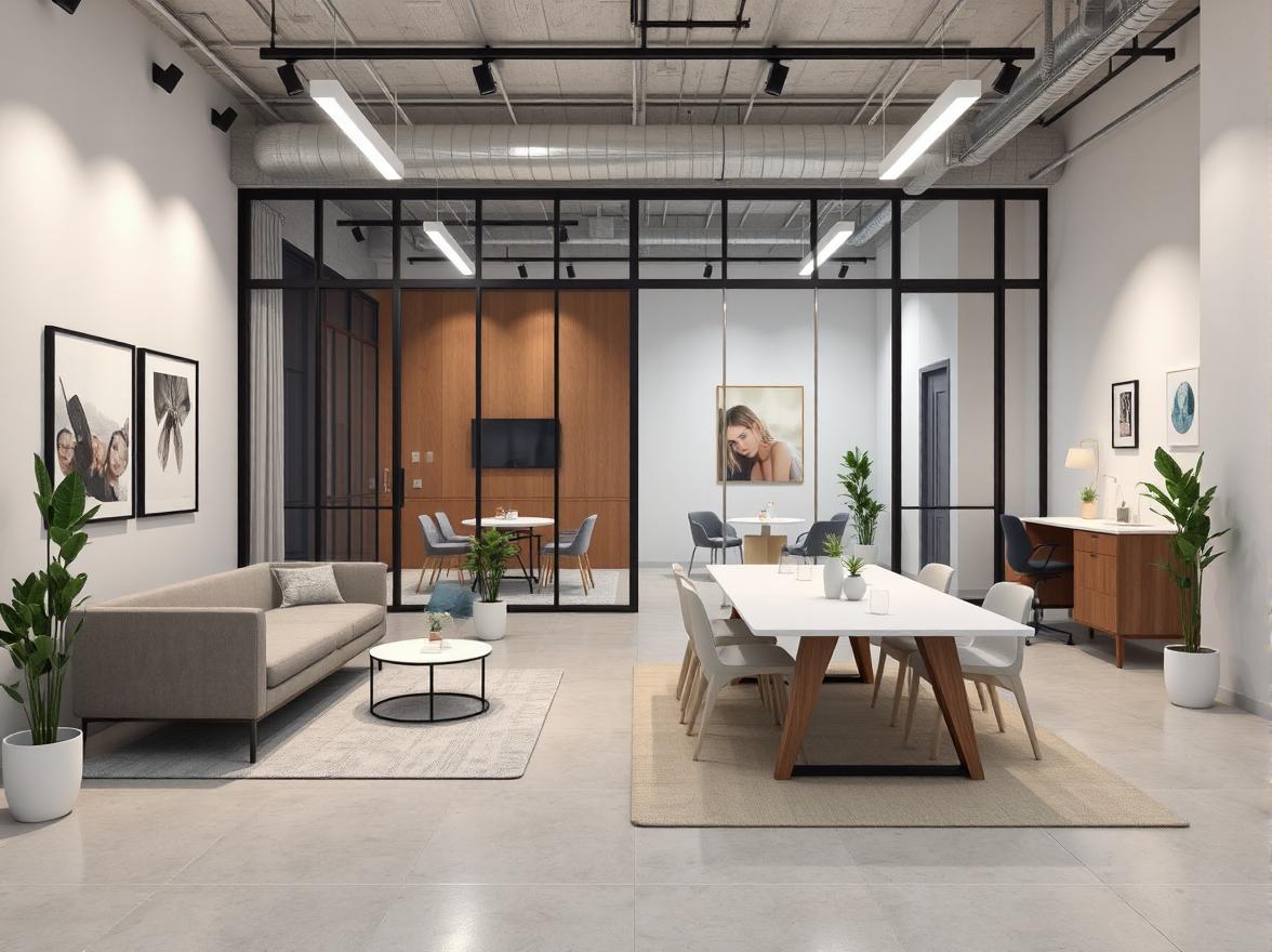 A 3d office layout featuring a sleek workspace and a small meeting room