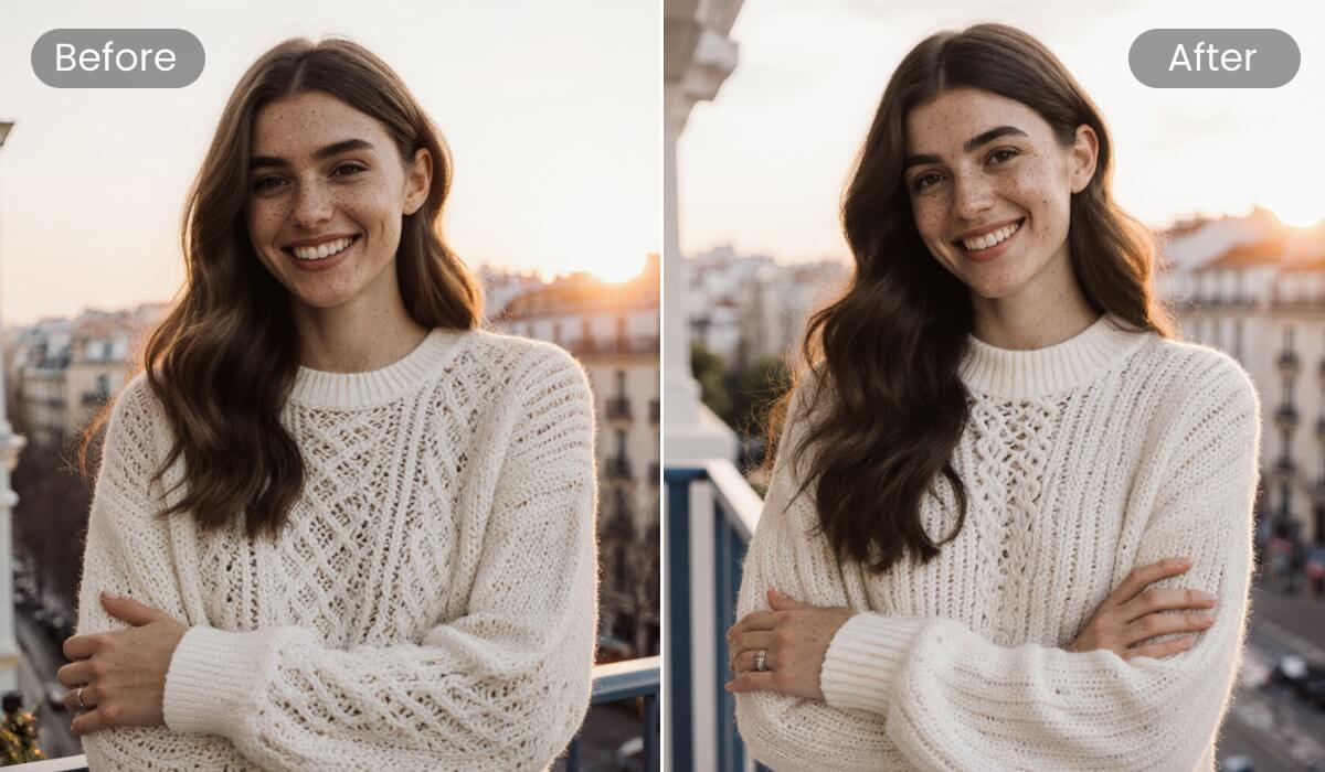 A before and after comparison image of a beautiful woman