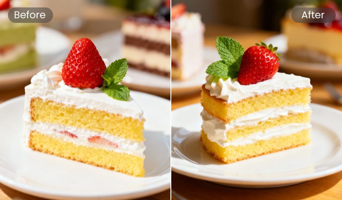 A before and after comparison image of a cake