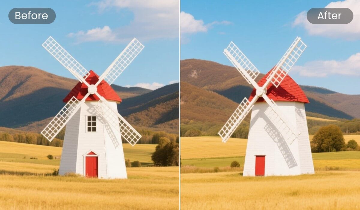 A before and after comparison of a landscape image