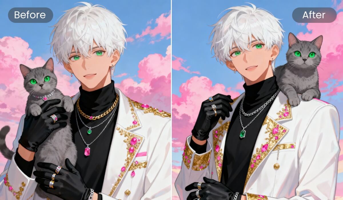 A before and after comparison of an anime image of a man with a cat