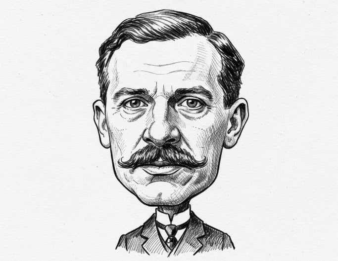 A black and white sketch style caricature of a middle age man