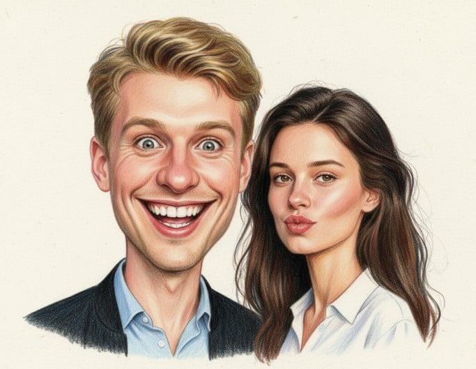 A colored pencil style caricature of a duo picture of a man and a woman