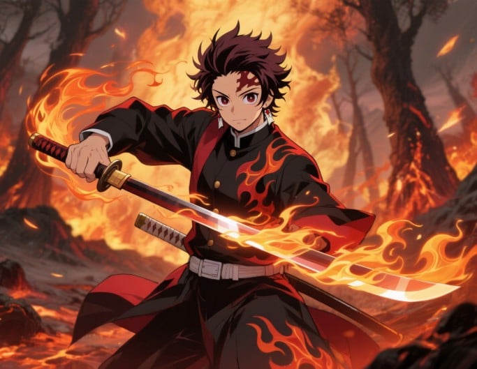 A cool boy holds a samurai sword standing in the fired forest