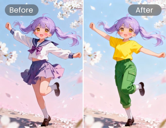 A cute anime character wearing different clothes
