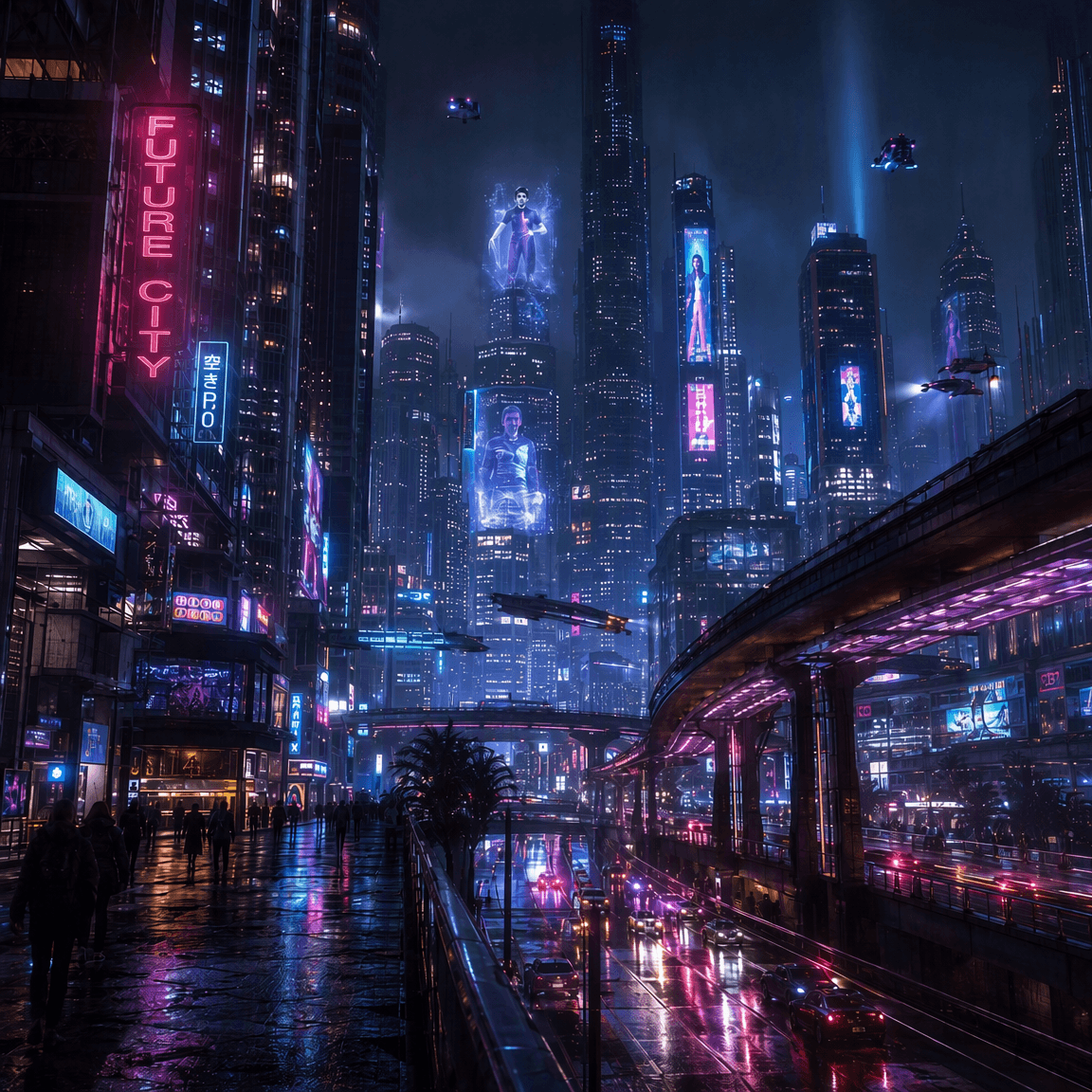 A cyberpunk city view