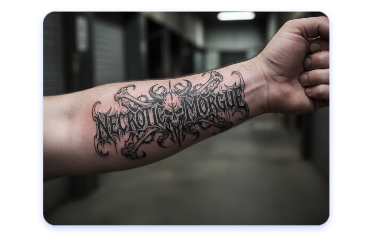 A death metal logo tattoo on an arm