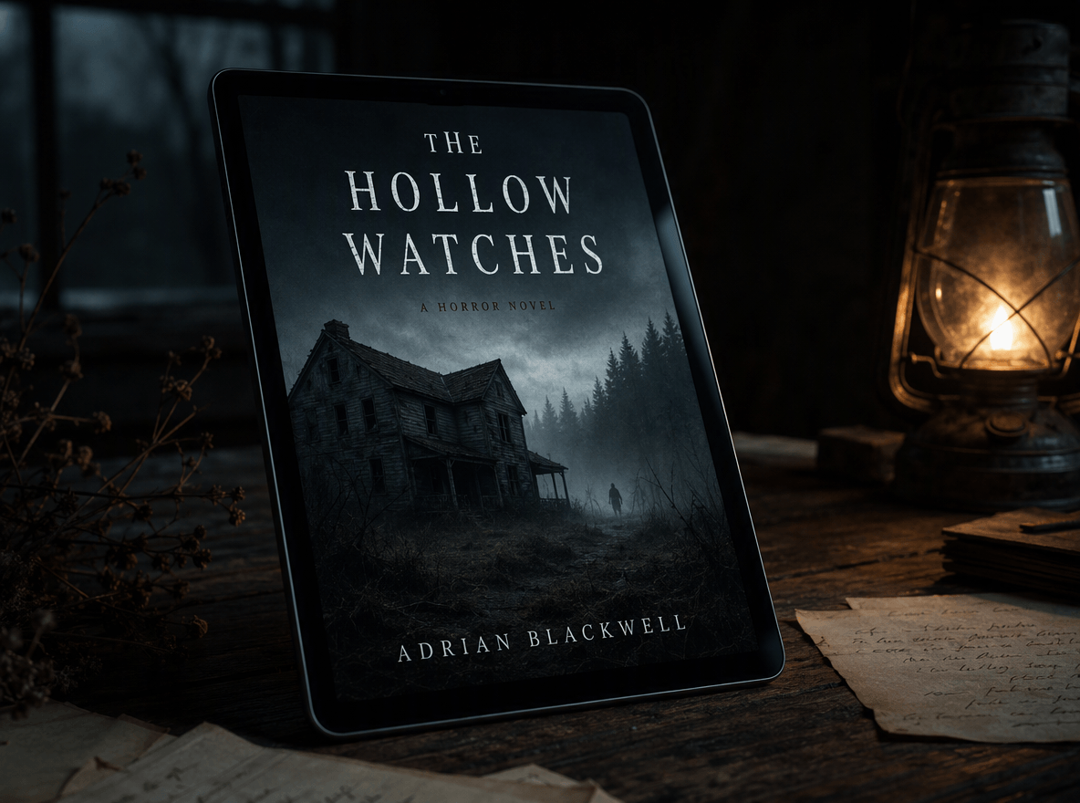A digital horror book cover displayed in a tablet