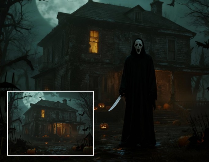 ハロウィンお化け古い家の前のゴーストフェイスマスクの人物