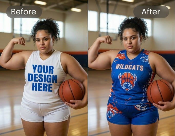 A girl wearing a custom basketball jersey holding a basketball