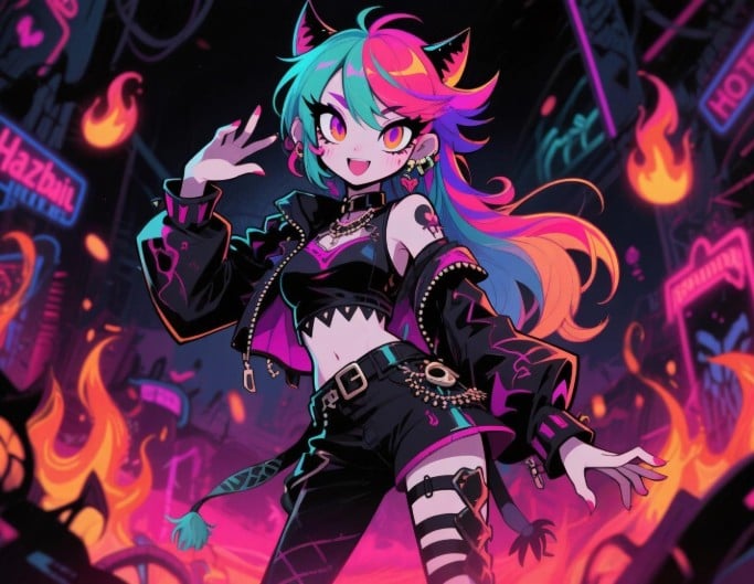 A girl with colorful long hair in hazbin hotel style