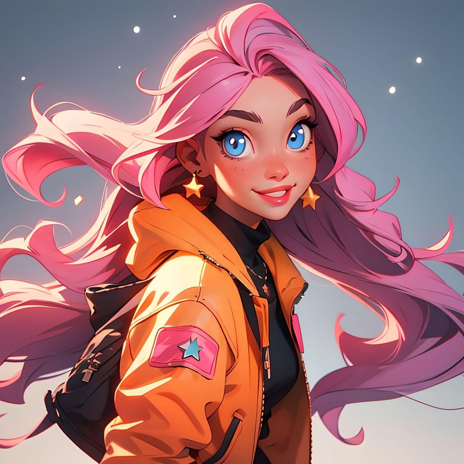 A girl with long pink curly hair in cartoon style