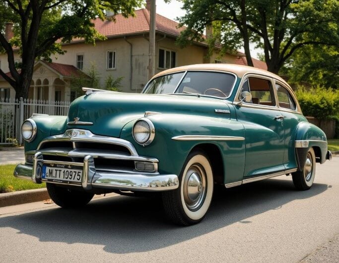 use fotor car ai generator to design a green vintage car parked in a European village street